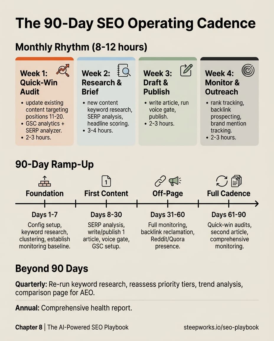 Infographic showing the monthly SEO rhythm across 4 weeks and a 90-day ramp-up timeline from foundation to full cadence