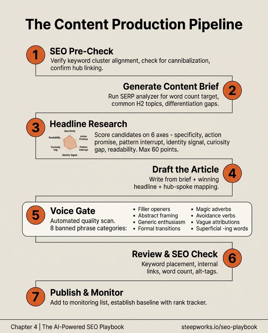 Infographic showing a 7-step content production pipeline from SEO pre-check through publish and monitor, with Voice Gate detail