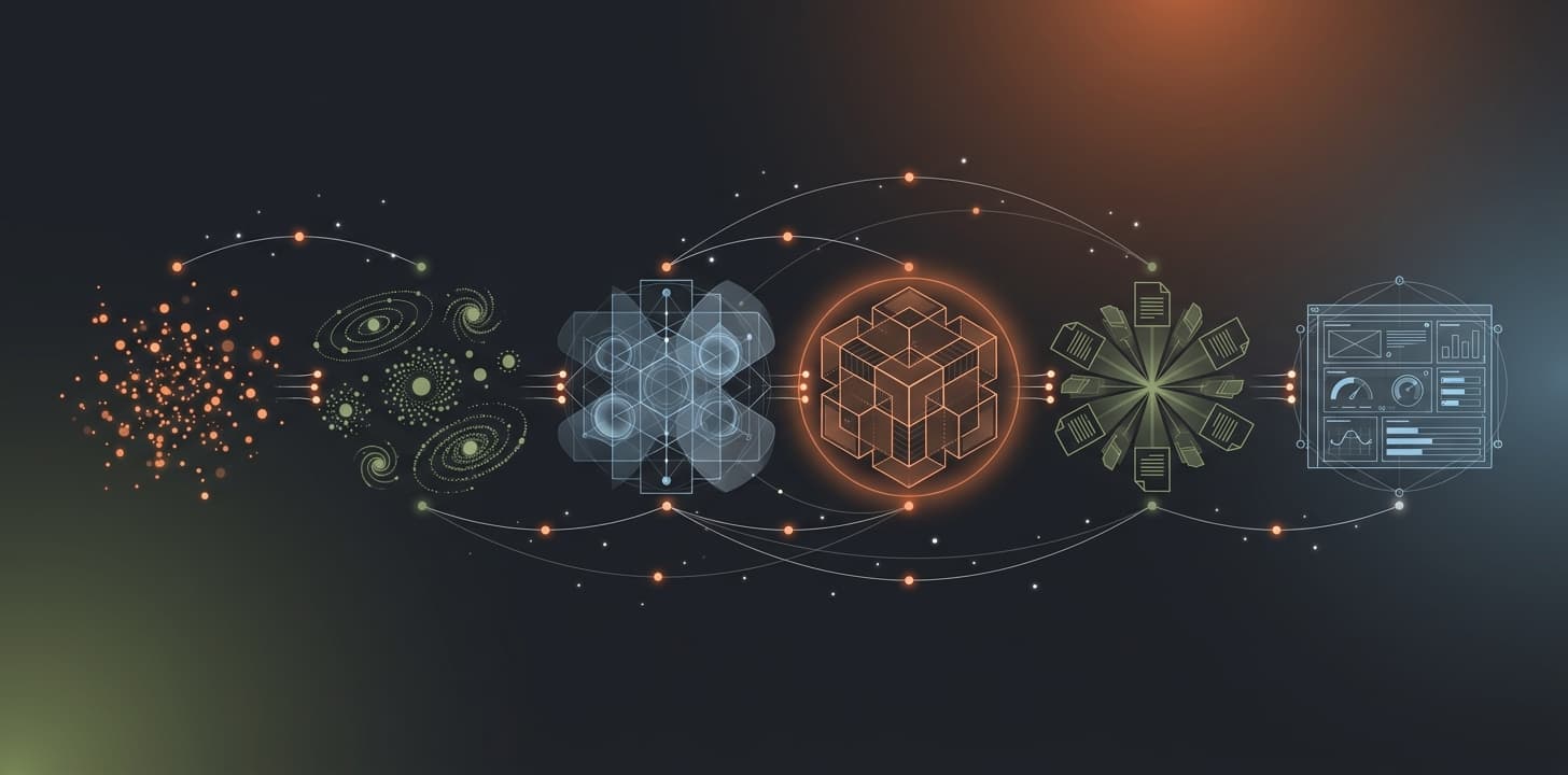 Abstract visualization of an AI-powered SEO pipeline — keywords flowing through clusters, SERP analysis, content production, and monitoring