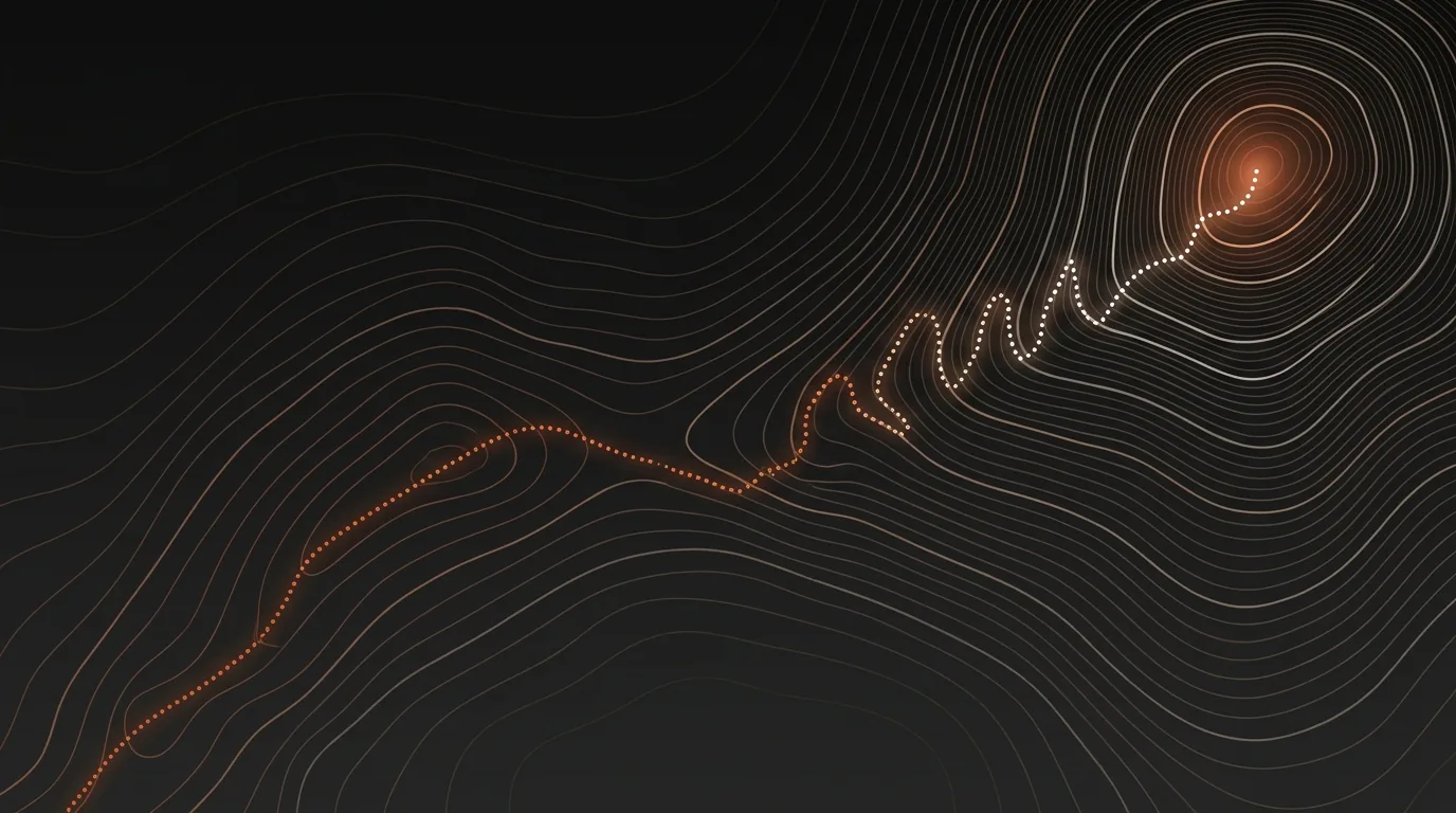 A topographic map with a dotted trail switchbacking up the contour lines to a glowing summit — the climb to becoming AI-native