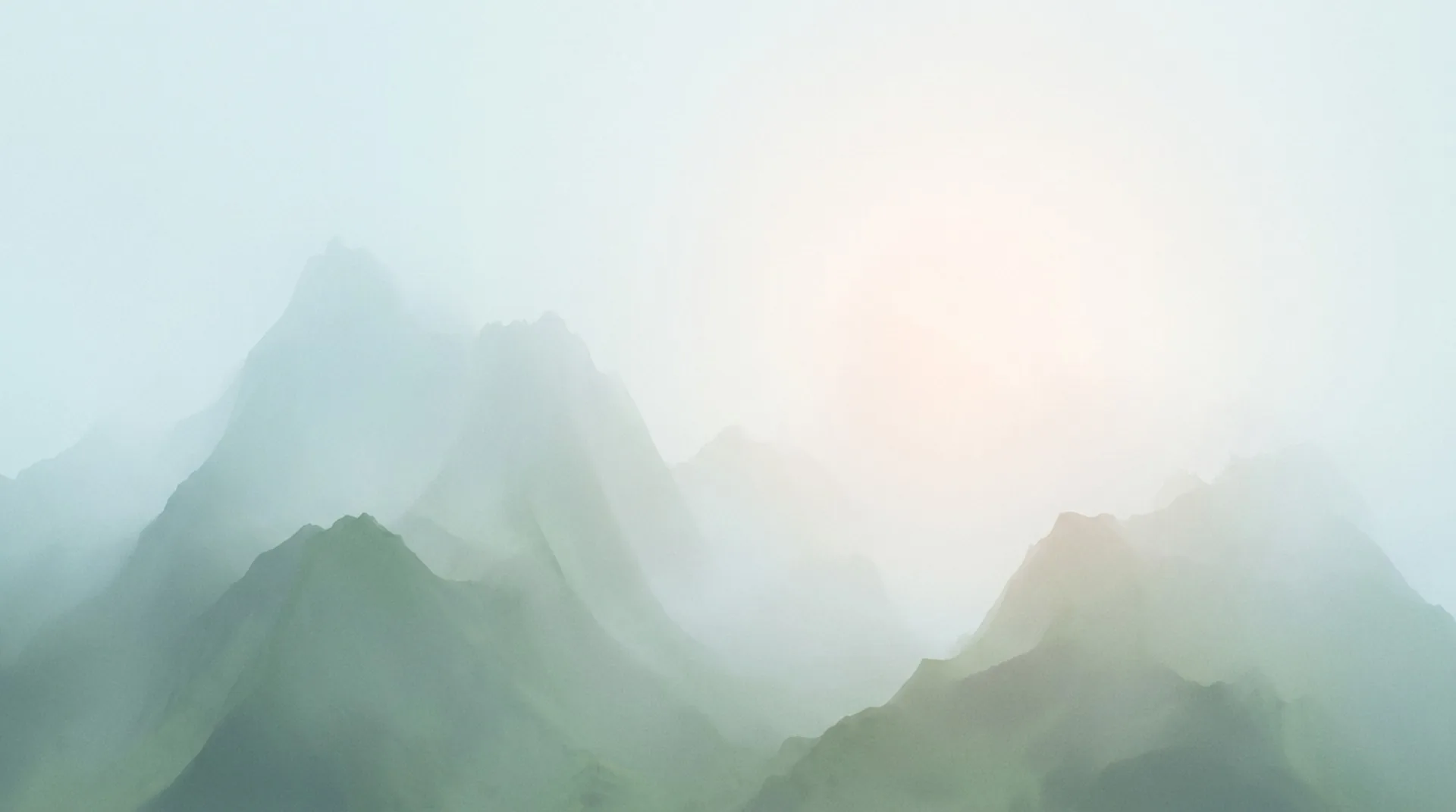 Soft moss-green peaks dissolving into a pale luminous sky